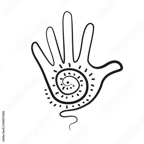 Contour of the palm with a spiral inside. Reiki symbol. Vector illustration