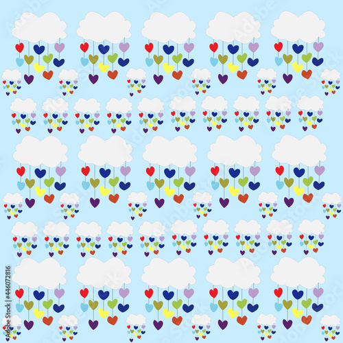 Fondo con nubes y corazones de colores sobre fondo azul.