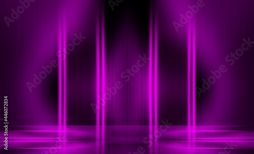 Neon purple abstract light rays on a dark background. Light effect, laser show, surface reflection. Ultraviolet radiation, nightclub. 3d illustration