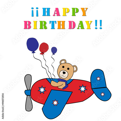 Felicitación de cumpleaños con un osito montado en avioneta.