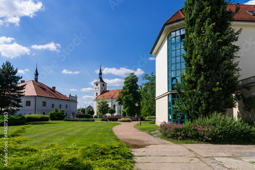 Spa Bohdanec area and main building in summer. Lazne Bohdanec, Pardubice, Czechia.  photo