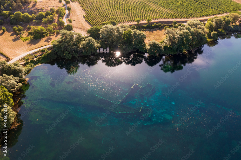 Lake Capodacqua, aerial view, reflections, clarity, water transparency, flight, ancient remains, underwater, fly, landscape, drone, image, photo