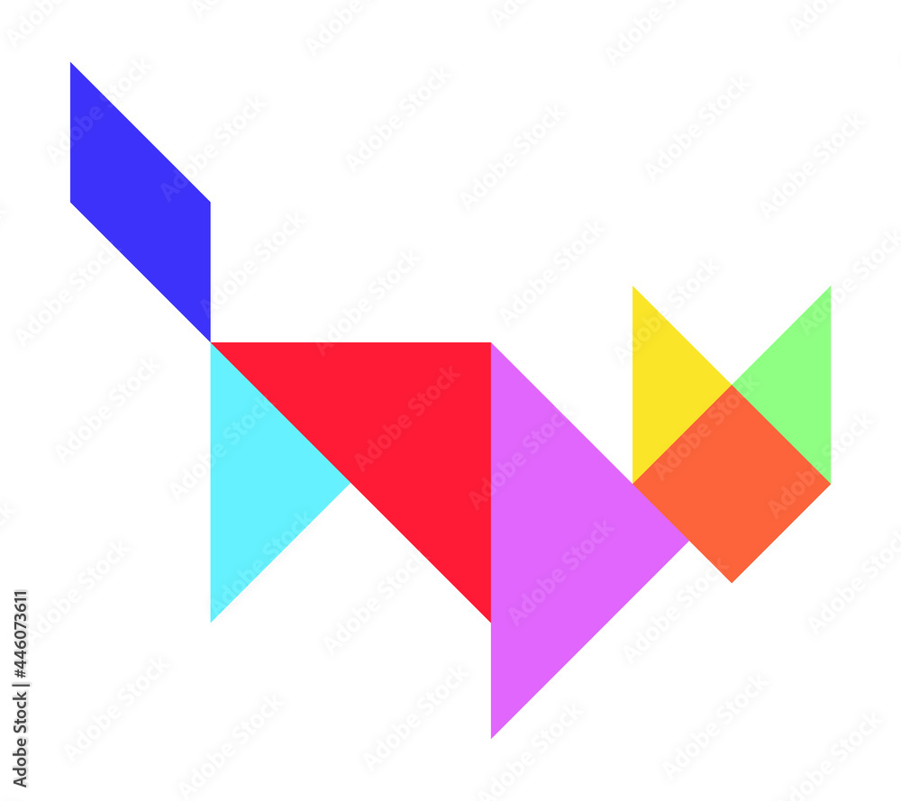 Color tangram puzzle in cat shape on white background