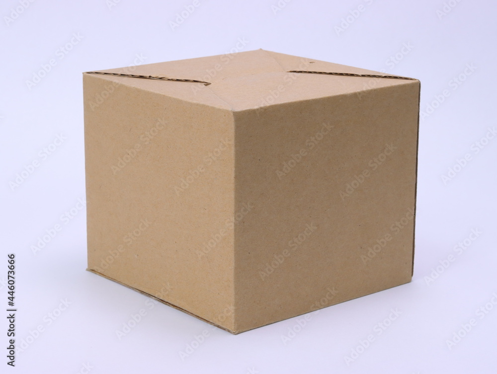 Square cardboard box on a white background.
