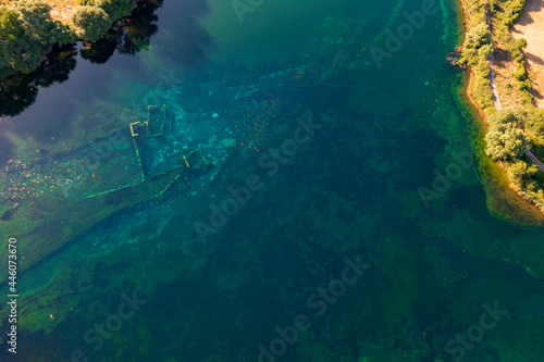 Lake Capodacqua, aerial view, reflections, clarity, water transparency, flight, ancient remains, underwater, fly, landscape, drone, image, photo © Claudio Quacquarelli