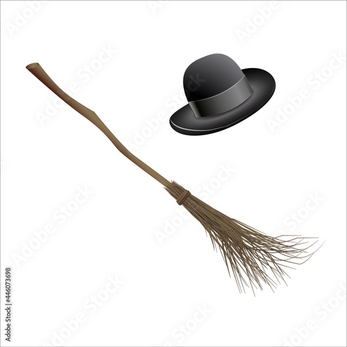 Witch hat and magic broom. Halloween stickers. Set of vector illustrations for all saints ' day. Mystical witchcraft. Print.