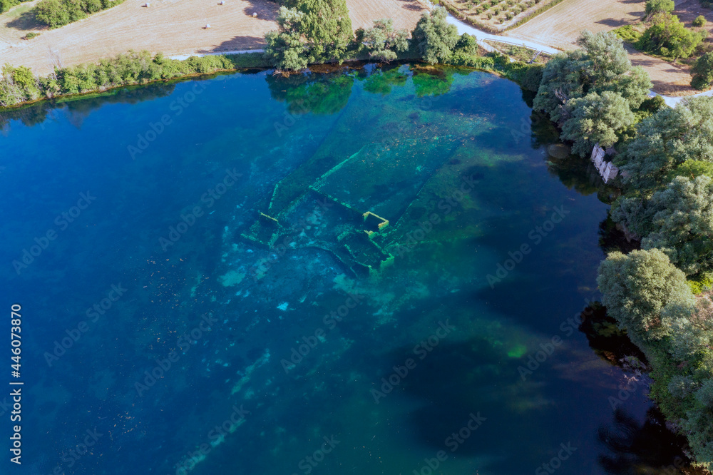 Lake Capodacqua, aerial view, reflections, clarity, water transparency, flight, ancient remains, underwater, fly, landscape, drone, image, photo