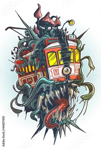 Cartoon psychedelic old retro red tramway with monster canines, eye, tentacles and big mushrooms on the roof. Isolated vector tattoo on white background.
