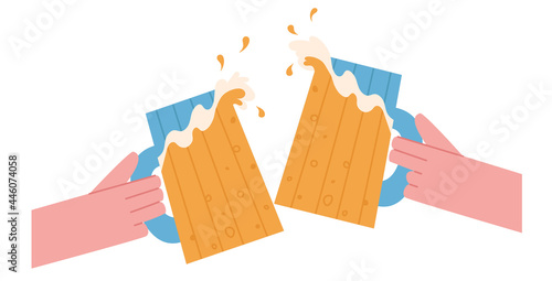 Two mugs of beer in a chug with each other. A mug of beer in the hand. Beer spills out of the glass. 