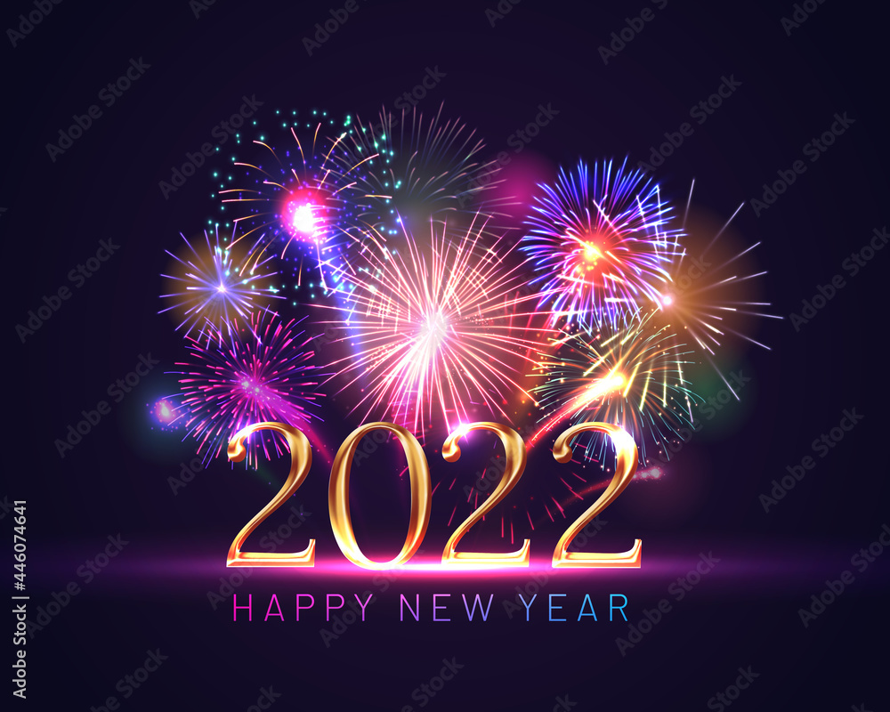 Happy New Year card with golden shiny numbers. 2022 Merry Christmas festive banner multi colored fireworks. Party invitation, greeting card, calendar, poster design realistic vector illustration