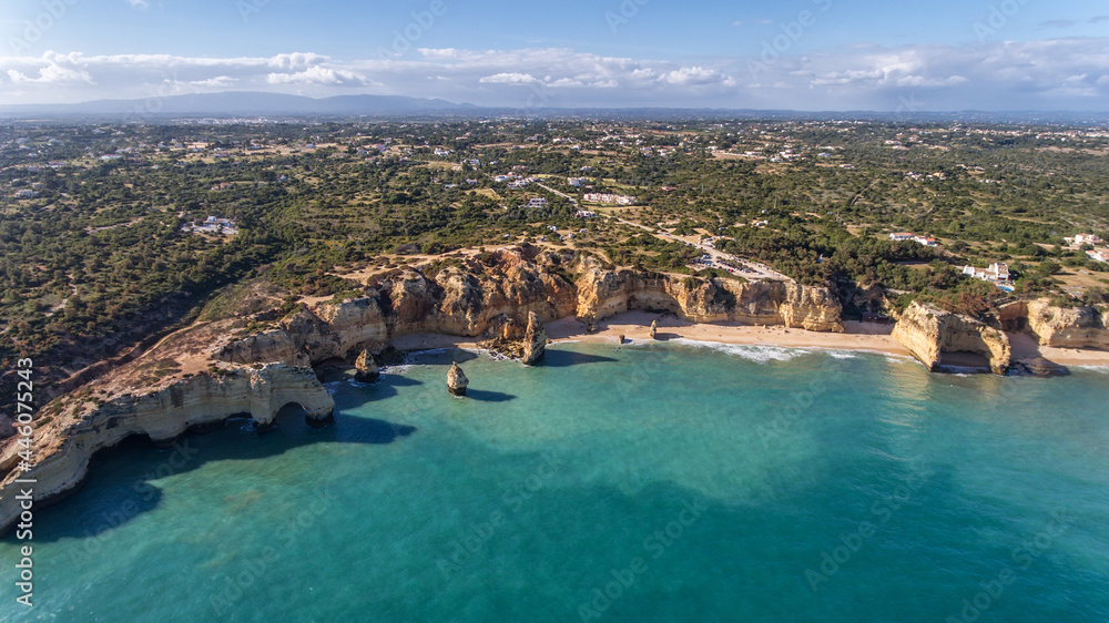 Aerial Beautiful Portuguese Beaches Marinha Albufeira View From Sky 2