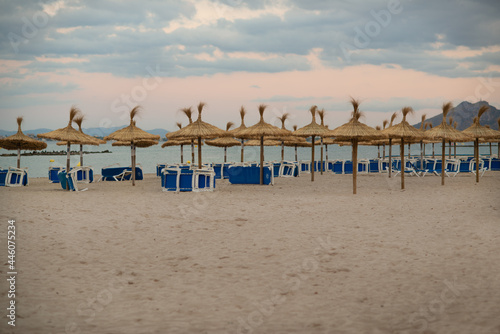 Empty Sun Loungers and Straw Umbrellas on a Beach in Mallorca in the Balearic Islands