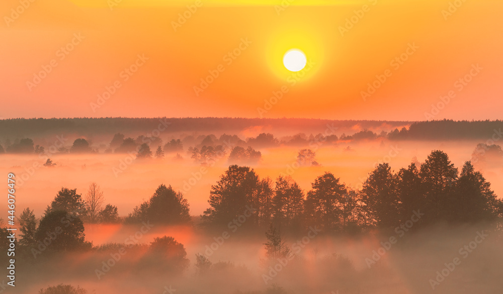 Amazing Sunrise Sunset Over Misty Landscape. Scenic View Of Foggy Morning Sky With Rising Sun Above Misty Forest And River. Early Summer Nature Of Eastern Europe Amazing Sunrise Sunset Over Misty Landscape. Scenic View Of Foggy Morning Sky With Rising Sun Above Misty Forest And River. Early Summer Nature Of Eastern Europe