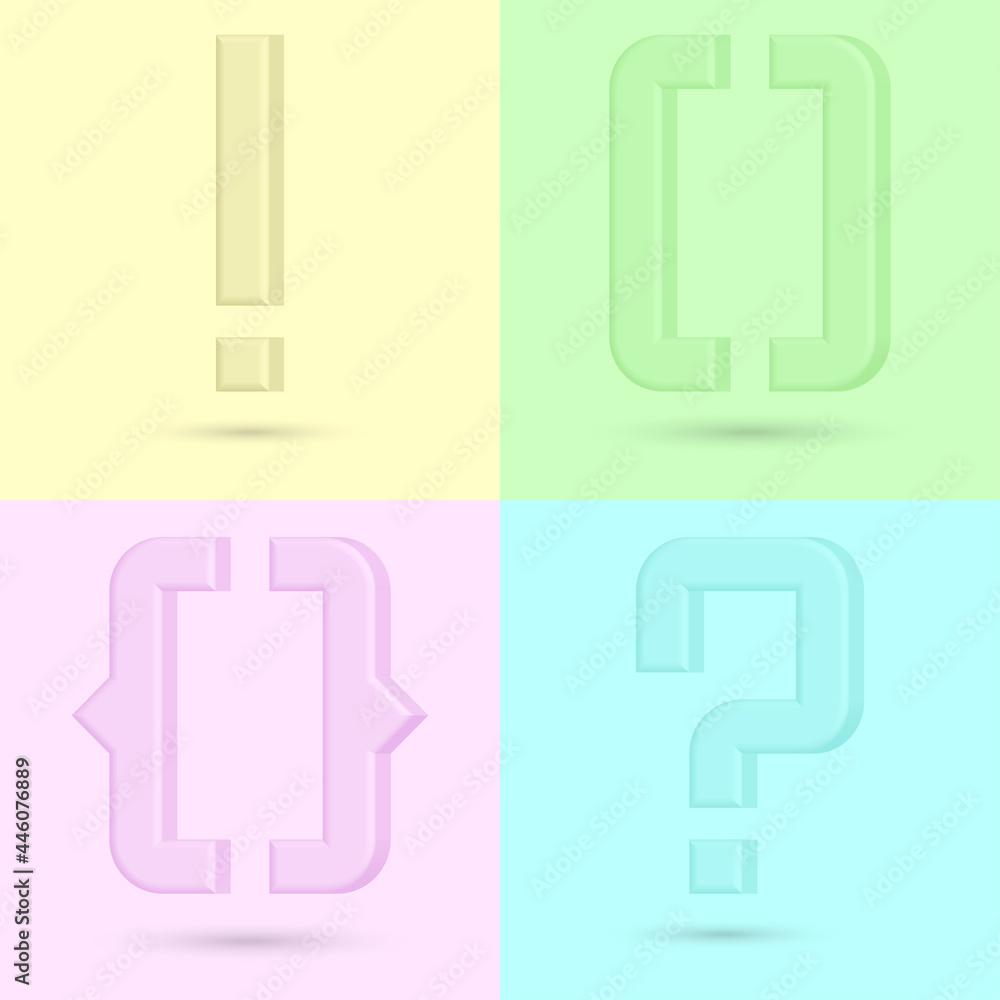 Question mark, curly braces, exclamation point 3d isometric shape, modern t-shirt print pastel soft colors. Question mark, curly braces, exclamation point 3d isometric shape, modern t-shirt print pastel soft colors.
