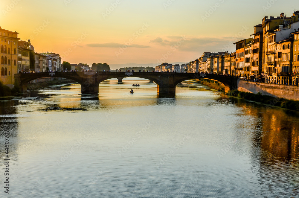 Sunset in Florence over the Arno river bridge, Tuscany, Italy