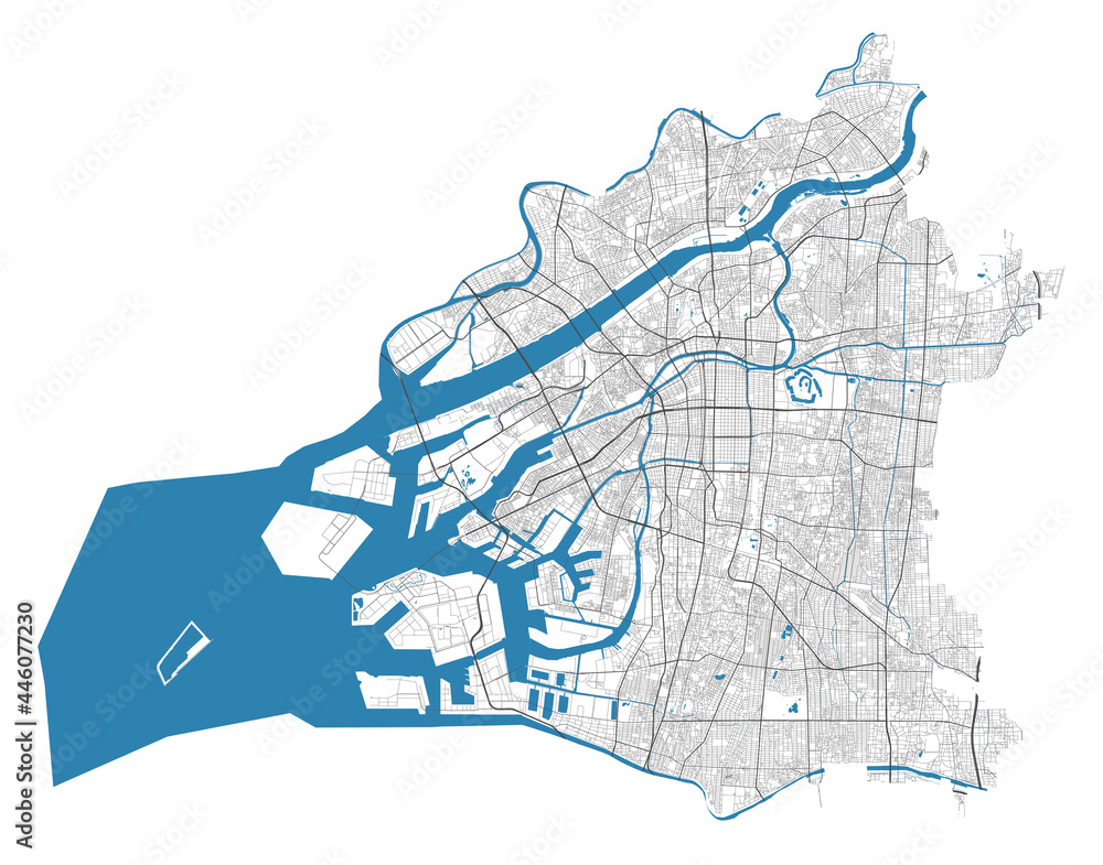 Fototapeta premium Osaka city map. Detailed map of administrative area, land panorama.