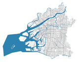 Osaka city map. Detailed map of administrative area, land panorama.