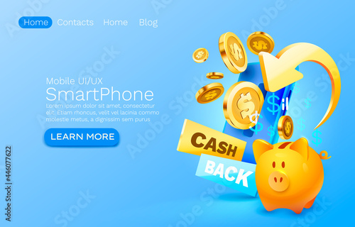 Mobile cash back service, financial payment Smartphone mobile screen, technology mobile display light. Vector