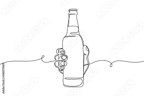 Continuous one line of hand holding a beer bottle in silhouette on a white background. Linear stylized.Minimalist.