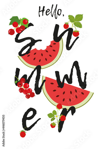 Vector illustration of a hello summer cute colorful greeting card or banner with  fruits and berries. Summer theme square frame.