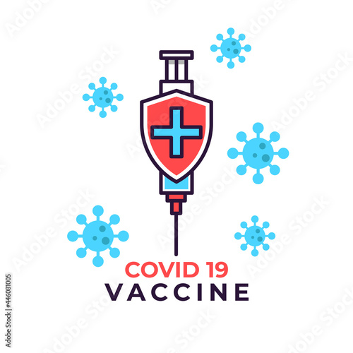 Covid-19 syringe sign. Corona virus symbol. Flat cartoon style coronavirus vaccine icon. Vector illustration of vaccine with shield icon.