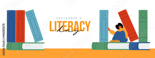 Literacy Day book shelf girl student cartoon card