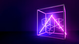 Abstract group of four cube frame decorate with blue and violet neon light in dark background , 3d rendering 