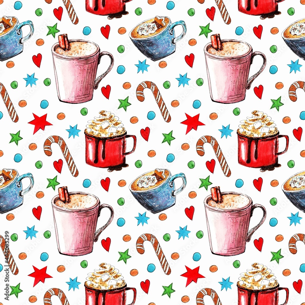 Seamless pattern Christmas cups. Cut design for fabric and wrapping paper. Watercolor hand drawing illustration Seamless pattern Christmas cups. Cut design for fabric and wrapping paper. Watercolor hand drawing illustration