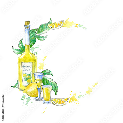 Bottle of limoncello,lemon and glasses.Picture of a alcoholic drink.Watercolor hand drawn illustration.	
 photo