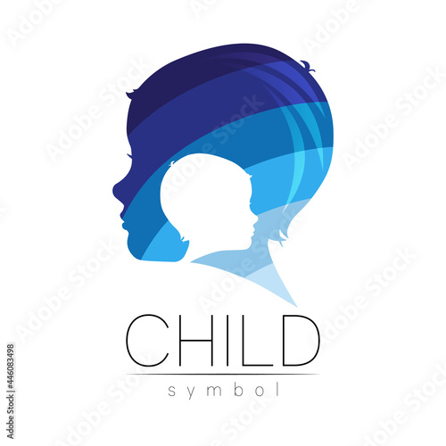 Child logotype in few blue colors, vector. Silhouette profile human head. Concept logo for people, children, autism, kids, therapy, clinic education. Template symbol, modern design isolated on white