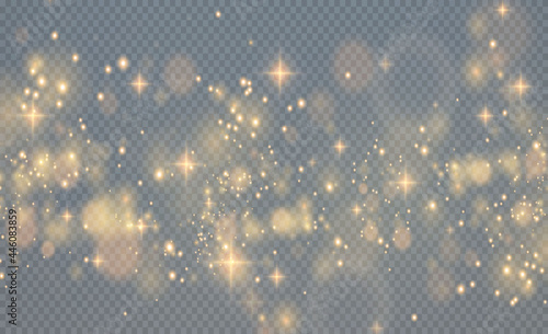 Gold sparkling dust with gold sparkling stars on a transparent background. Glittering texture. Christmas effect for luxury greeting rich card. Gold dust PNG. 