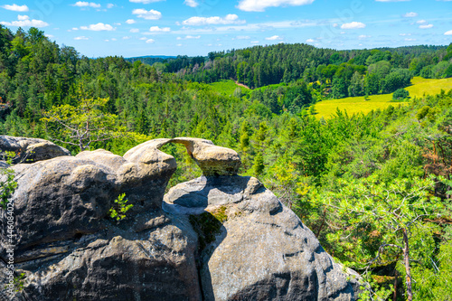 Unique sandstone arch in pine forest on dry sunny summer day. Bohemian Paradise, Czech Republic photo