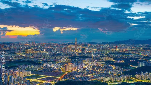 Day to night,Zoom in Timelapse of the South Korea skyline in Seoul at the Namhansanseong Fortress Observation Deck. photo