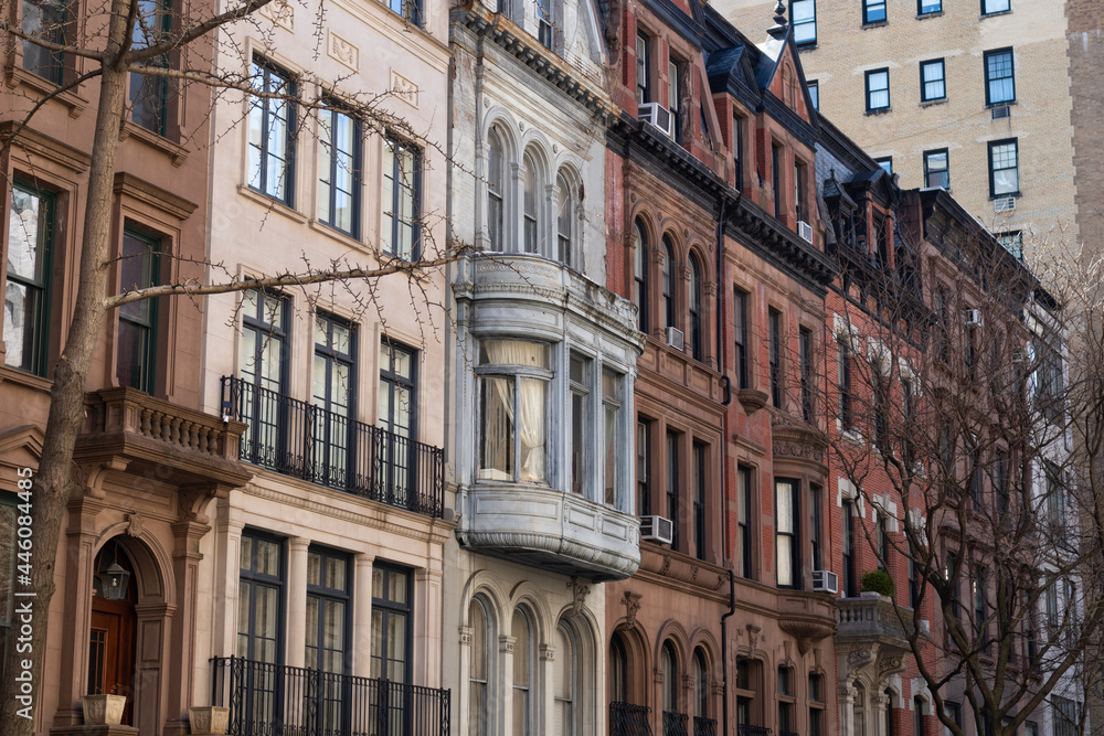 Row of Colorful Old Brownstone Homes and Residential Buildings on the Upper East Side of New York City