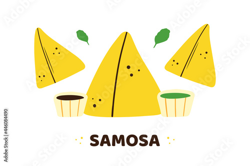 Cute cartoon style samosa, indian baked savory pastry with sauces and greenery vector illustration.