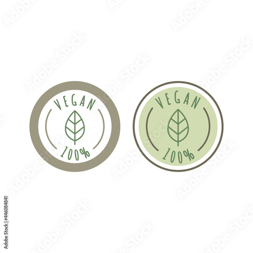 Vegan food and products vector label icon set. 100 % vegan circle sticker set.