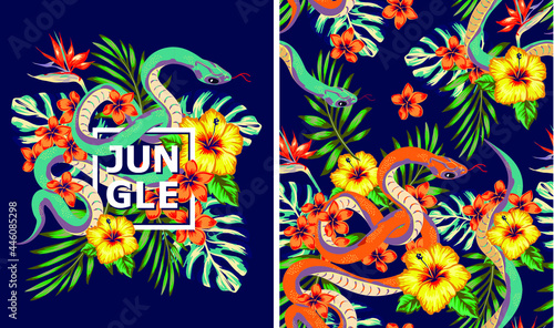 set of art illustration of a snake in the jungle, Sketch for printing on fabric, clothes, bag, accessories and design of printing materials, photo
