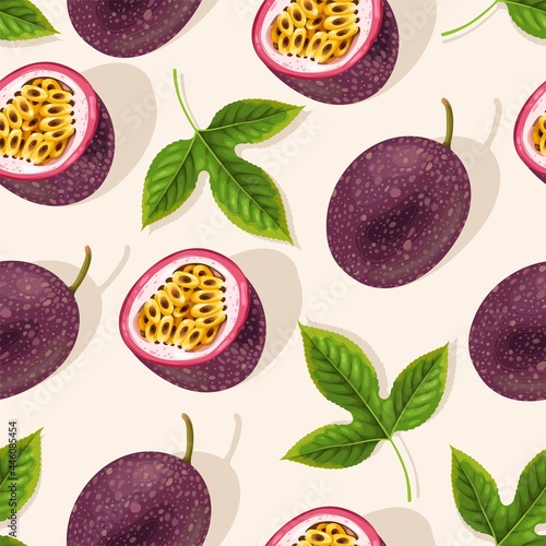 Vector pattern with whole passion fruit and slice