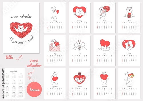 All You Need Is Meow! Calendar 2022 template. Monthly calendar 2022 with cute white cats in love. Bonus - 2023 calendar. Vector illustration 10 EPS. photo