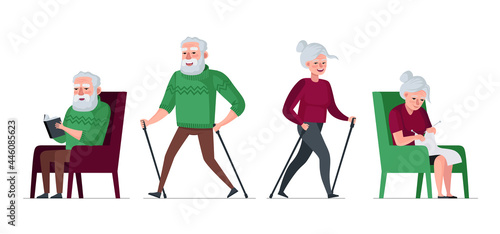 Elderly couple retired leisure time set. Nordic walk active cheerful healthy old people. Senior aged pensioners sit in armchair. Grandfather read book, grandmother knit. Vector gray hair man and woman