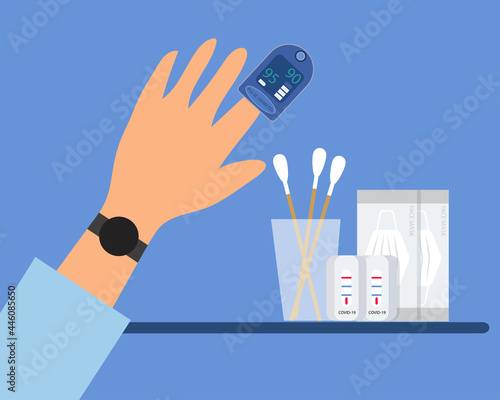 Finger in an Oximeter Device and set of swab test about coronavirus or COVID-19  Cartoon vector style for your design.	