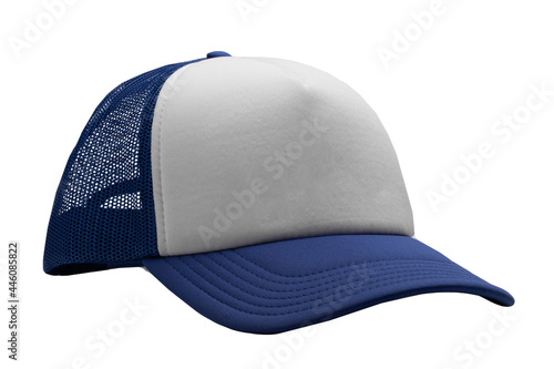 Blue Trucker cap isolated on white background. Basic baseball cap. Mock-up for branding.