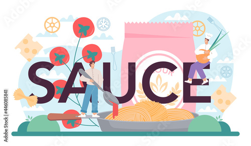 Sauce typographic header. Italian pasta on the plate. Delicious dinner