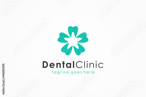Dental Clinic Logo. Blue Teeth with Star and Flower Combination isolated on White Background. Usable for Dental Care Logo. Flat Vector Logo Design Template Element.