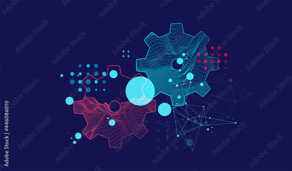 Modern science or technology abstract background using cogwheel. Wireframe spot surface illustration. Vector.
