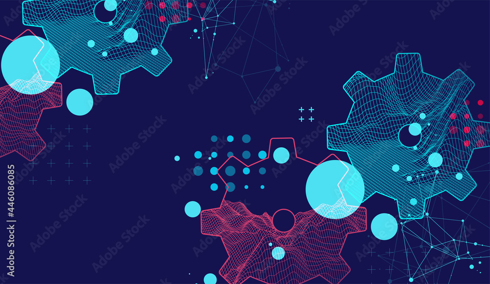 Modern science or technology abstract background using cogwheel. Wireframe spot surface illustration. Vector.
