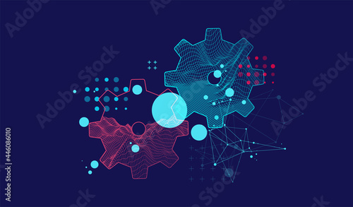 Modern science or technology abstract background using cogwheel. Wireframe spot surface illustration. Vector.