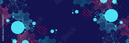Modern science or technology abstract background using cogwheel. Wireframe spot surface illustration. Vector.