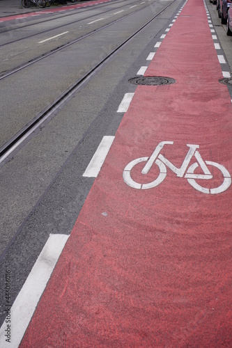 Cycle paths marked in red are used for road safety. Hanover, Germany. 