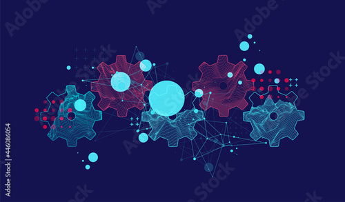 Modern science or technology abstract background using cogwheel. Wireframe spot surface illustration. Vector.